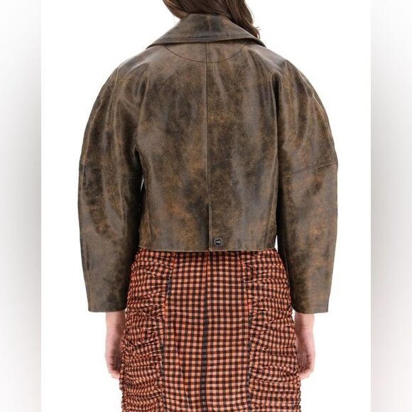 GANNI Washed Perfecto Brown Leather Cropped Biker Jacket size 36 US S Sold Out - Picture 5 of 16